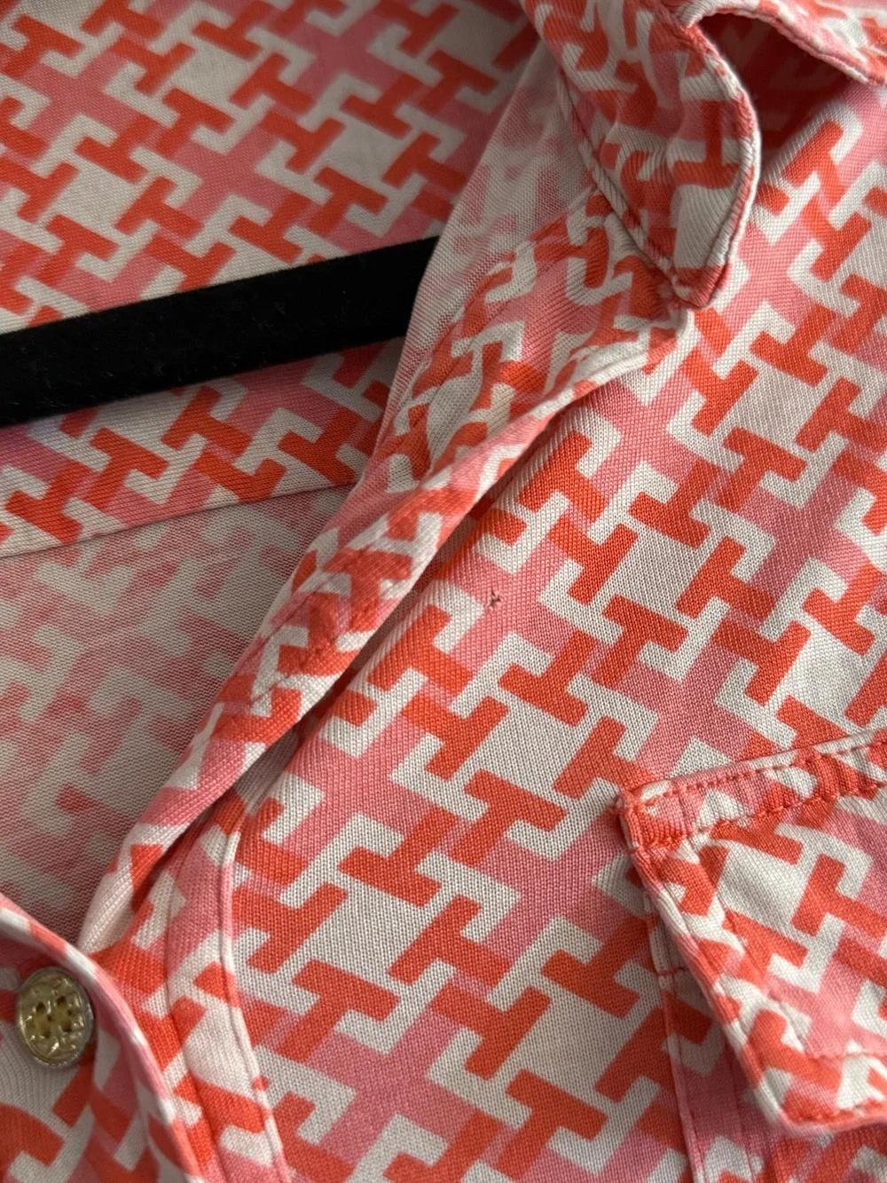 Tory Burch Silk Chain Link Geometric Button Down Blouse Coral Small Pink Career